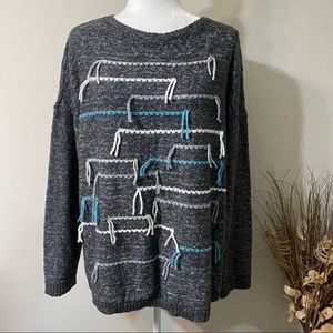 J Jill Pure Size L Sweater Gray Knit Striped Long Sleeve Pullover Cotton Mix